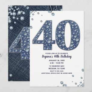 Denim & Diamonds Bling Glitter 40:e 40-årsdag Inbjudningar