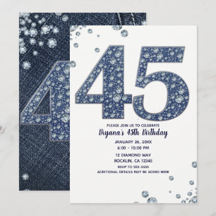 Denim & Diamonds Bling Glitter 45:e 45 Födelsedag Inbjudningar