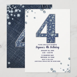 Denim & Diamonds Bling Glitter 4:e 4 Födelsedag Inbjudningar