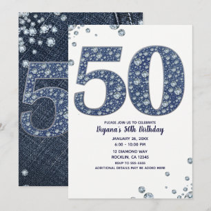 Denim & Diamonds Bling Glitter 50-års 50 Födelseda Inbjudningar