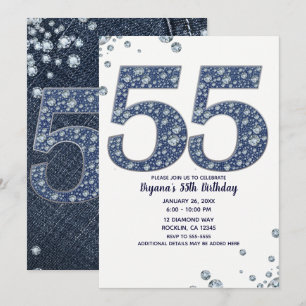 Denim & Diamonds Bling Glitter 55TH 55 Födelsedag Inbjudningar
