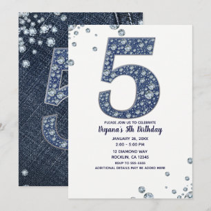Denim & Diamonds Bling Glitter 5:e 5-årsdag Inbjudningar