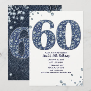 Denim & Diamonds Bling Glitter 60-års 60 Födelseda Inbjudningar