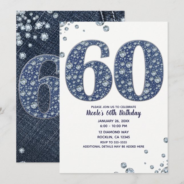 Denim & Diamonds Bling Glitter 60TH 60-årsdag Inbjudningar (Fram/baksida)
