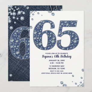 Denim & Diamonds Bling Glitter 65:e 65-årsdag Inbjudningar