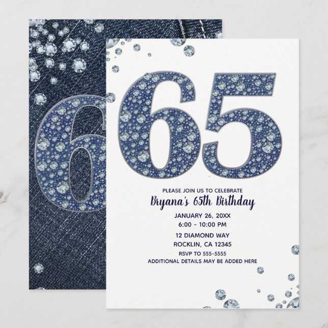 Denim & Diamonds Bling Glitter 65TH 65 Födelsedag Inbjudningar (Fram/baksida)