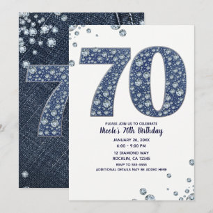 Denim & Diamonds Bling Glitter 70-årsdag 70 Födels Inbjudningar