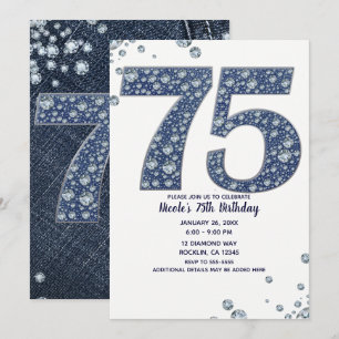 Denim & Diamonds Bling Glitter 75:e 75 Födelsedag Inbjudningar