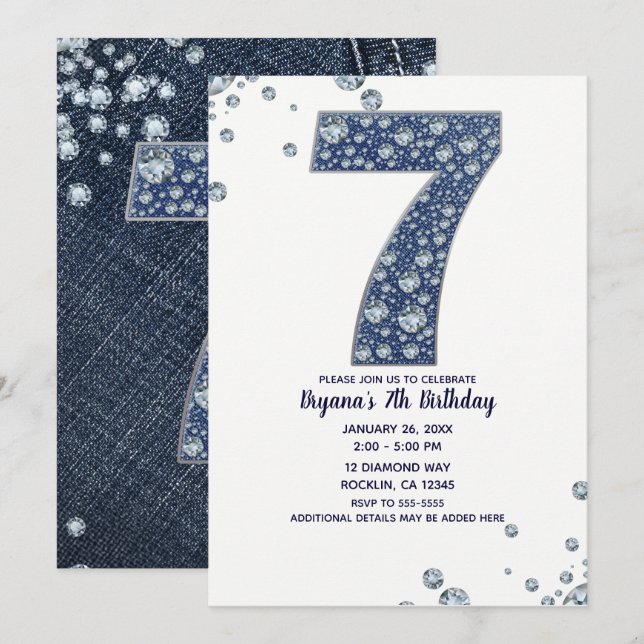 Denim & Diamonds Bling Glitter 7:e 7 Födelsedag Inbjudningar (Fram/baksida)