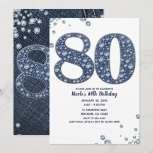 Denim & Diamonds Bling Glitter 80TH 80 Födelsedag Inbjudningar
