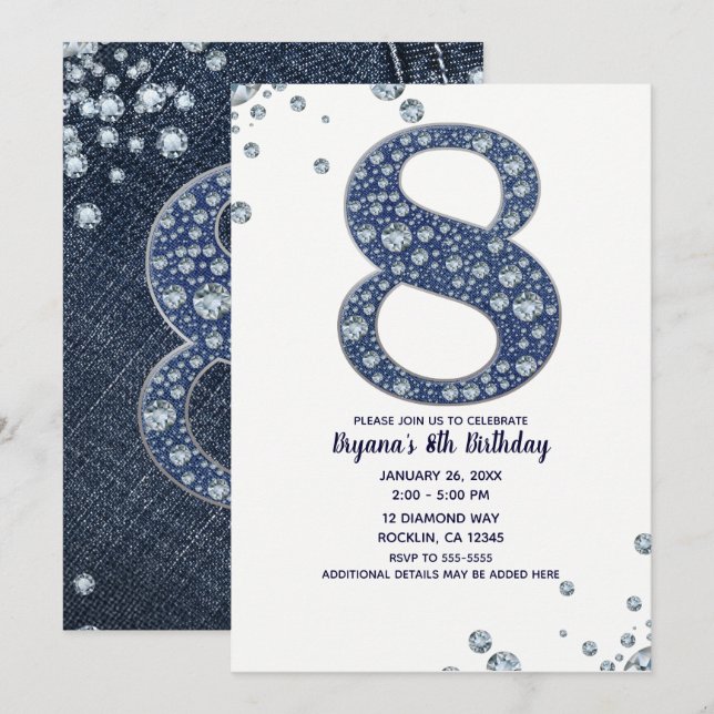 Denim & Diamonds Bling Glitter 8:e 8-årsdag Inbjudningar (Fram/baksida)
