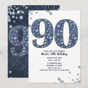 Denim & Diamonds Bling Glitter 90-års 90 Födelseda Inbjudningar