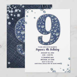 Denim & Diamonds Bling Glitter 9:e 9 Födelsedag Inbjudningar