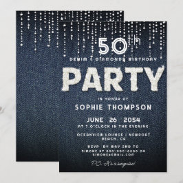 Denim Diamonds Bling Glitter Classy Födelsedagsfes Inbjudningar