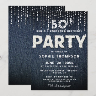 Denim Diamonds Bling Glitter Classy Födelsedagsfes Inbjudningar
