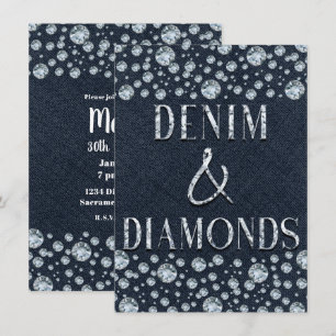 Denim & Diamonds Bling Glitter Födelsedagsfest Gla Inbjudningar
