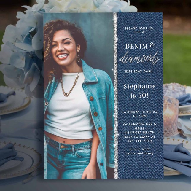 Denim Diamonds Bling Glitter Foto 50-årsdag Inbjudningar (denim and diamonds birthday party women 50th elegant classy photo template chic)