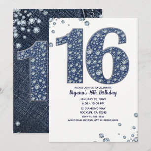 Denim & Diamonds Bling Glitter Sweet 16 Födelsedag Inbjudningar