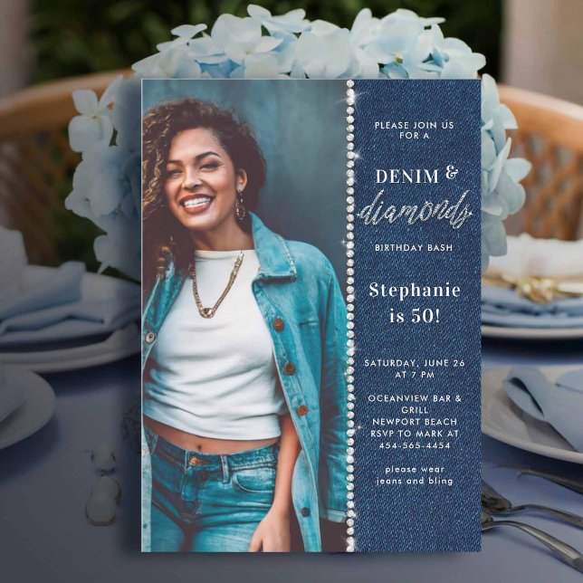 Denim Diamonds Bling Glitzy Photo 50:e födelsedage Inbjudningar (denim and diamonds birthday party women 50th elegant classy glitzy photo template chic)