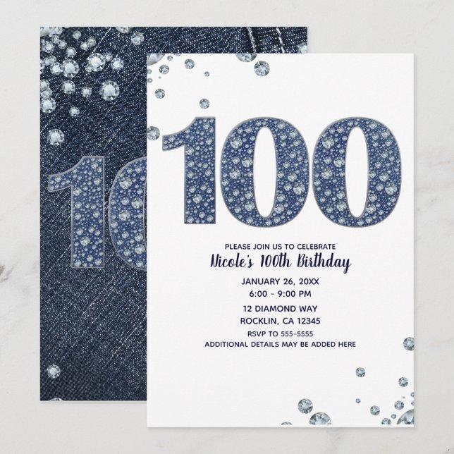 Denim & Diamonds Bling Gnistra 100TH 100 Birthday Inbjudningar (Fram/baksida)