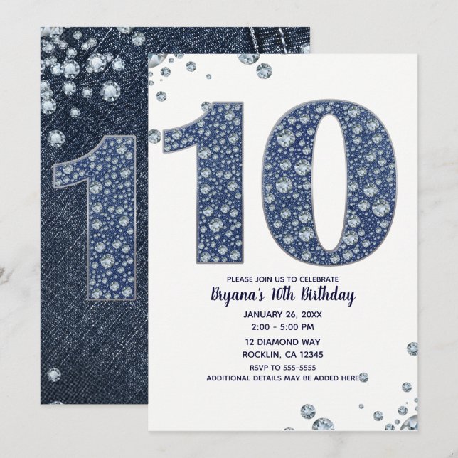 Denim & Diamonds Bling Gnistra 10:e födelsedagen Inbjudningar (Fram/baksida)