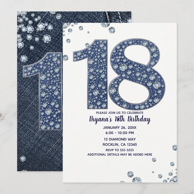 Denim & Diamonds Bling Gnistra 18:e födelsedag Inbjudningar (Fram/baksida)