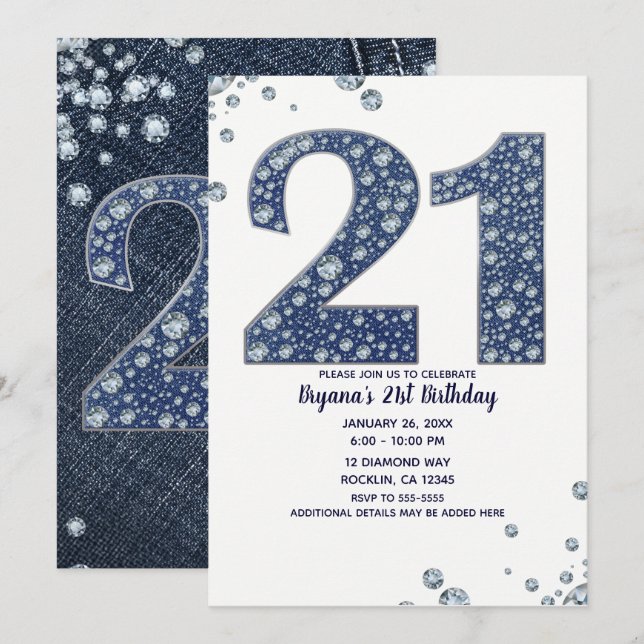 Denim & Diamonds Bling Gnistra 21:a 21:a födelseda Inbjudningar (Fram/baksida)