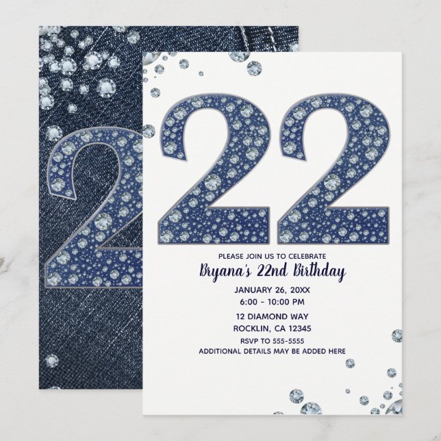 Denim & Diamonds Bling Gnistra 22:a födelsedagen Inbjudningar (Fram/baksida)