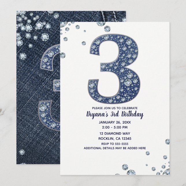 Denim & Diamonds Bling Gnistra 3:e födelsedag Inbjudningar (Fram/baksida)