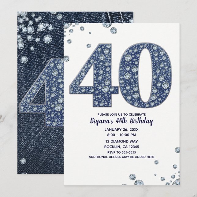 Denim & Diamonds Bling Gnistra 40:e födelsedagen Inbjudningar (Fram/baksida)