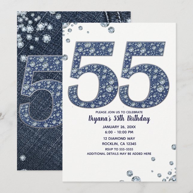Denim & Diamonds Bling Gnistra 55:e födelsedagen Inbjudningar (Fram/baksida)