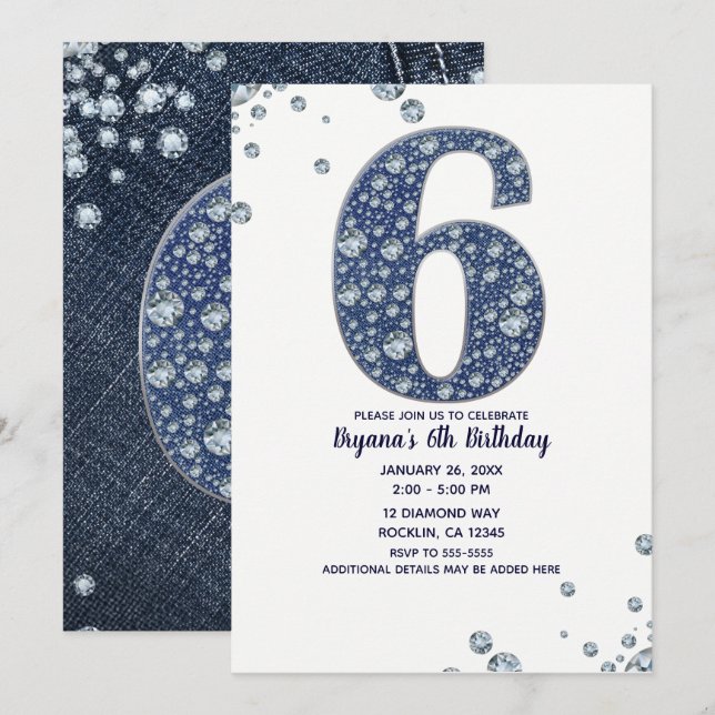 Denim & Diamonds Bling Gnistra 6e 6 födelsedag Inbjudningar (Fram/baksida)