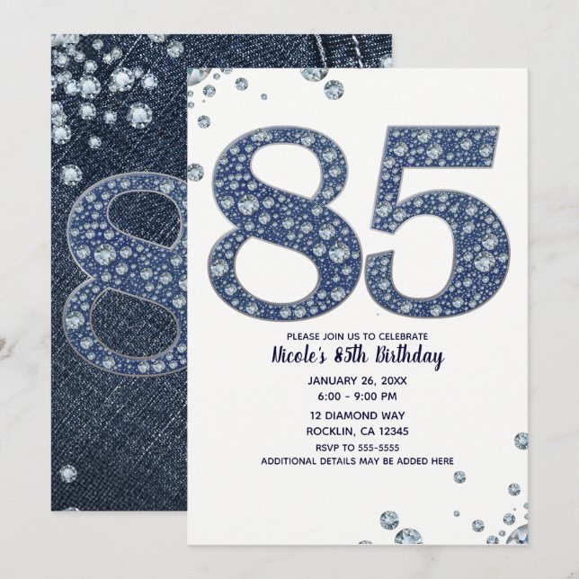 Denim & Diamonds Bling Gnistra 85:e födelsedagen Inbjudningar (Fram/baksida)
