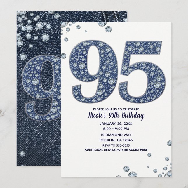 Denim & Diamonds Bling Gnistra 95:E 95-årsdagen Inbjudningar (Fram/baksida)