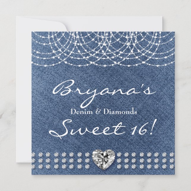 Denim & Diamonds Bling Heart Sweet 16-fest Inbjudningar (Framsida)
