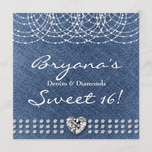 Denim & Diamonds Bling Heart Sweet 16-festlighet Inbjudningar