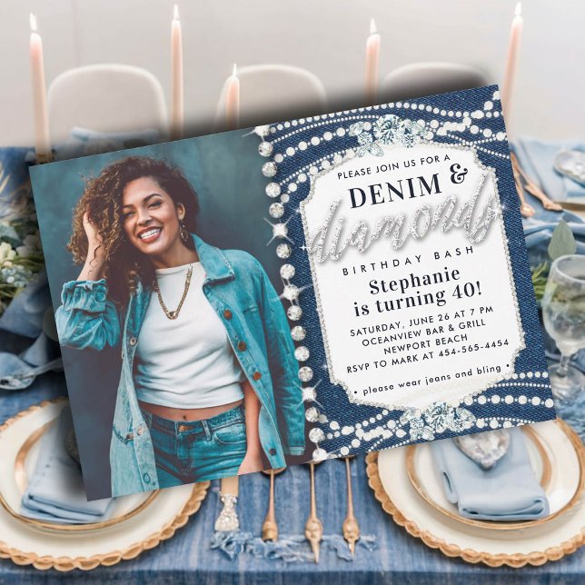 Denim Diamonds Bling Pearls Photo 40:e födelsedage Inbjudningar (denim diamonds pearls 40th birthday invitation elegant classy bling glitz glam photo template modern)