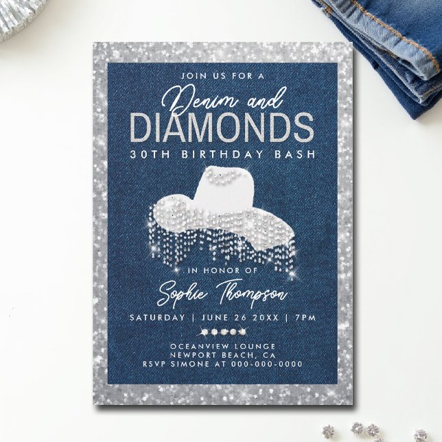 Denim Diamonds Bling Ram 30års födelsedag Party Inbjudningar (denim and diamonds invitations 30th 50th sweet 16 elegant classy blue white bling frame template)