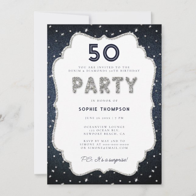 Denim Diamonds Bling Ram 50:e Födelsedagsfesten Inbjudningar (Framsida)