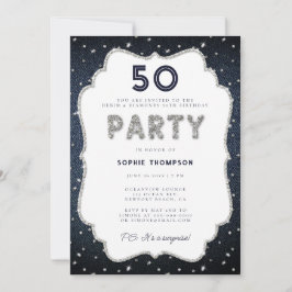 Denim Diamonds Bling Ram 50:e Födelsedagsfesten Inbjudningar