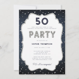 Denim Diamonds Bling Ram 50:e Födelsedagsfesten Inbjudningar