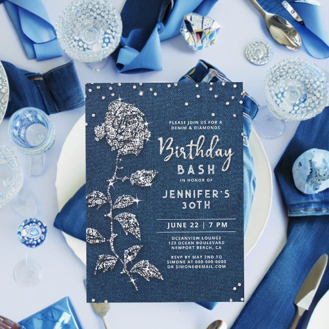 Denim Diamonds Bling Ro Blue Jeans 30års födelseda Inbjudningar (denim and diamonds birthday invitation 30th women bling rose rhinestones glitter glitz glam chic)