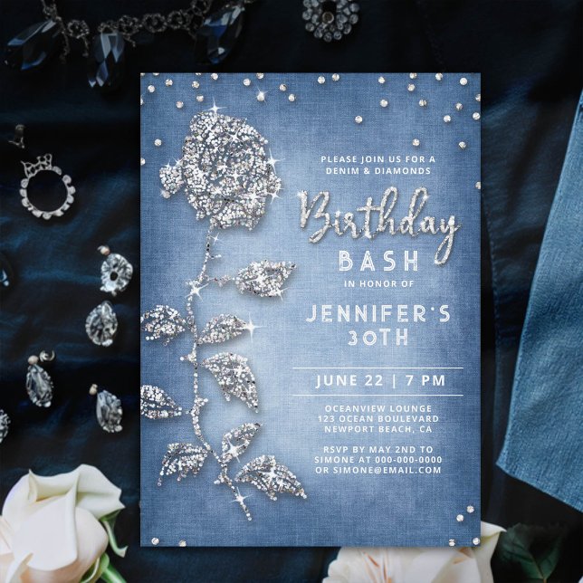 Denim Diamonds Bling Ro White 30års födelsedag Inbjudningar (denim and diamonds birthday invitation 30th women bling rose rhinestones glitter glitz glam classy)