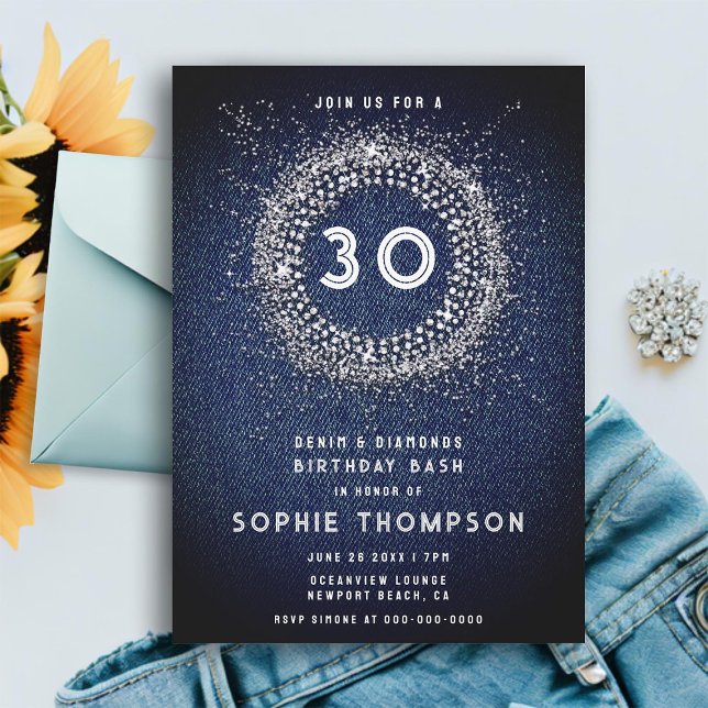 Denim Diamonds Bling Starburst 30års födelsedag Pa Inbjudningar (denim diamonds 30th birthday party invitation for women modern elegant glitter starburst simple)