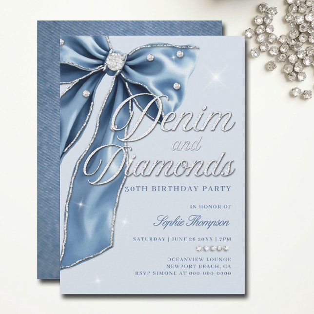 Denim Diamonds Blue Bow Script 30års födelsedag Pa Inbjudningar (diamonds and denim party invitations bow 30th 50th sweet 16 elegant classy bling template)