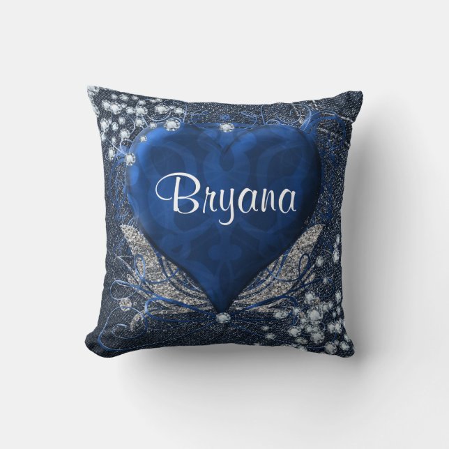 Denim & Diamonds Blue Heart Personlig Glam Kudde (Framsida)