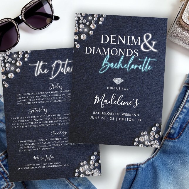 Denim Diamonds Blue White Bachelorette Itinerary Inbjudningar (denim diamonds bachelorette party itinerary invitation glowing calligraphy modern classy stylish)
