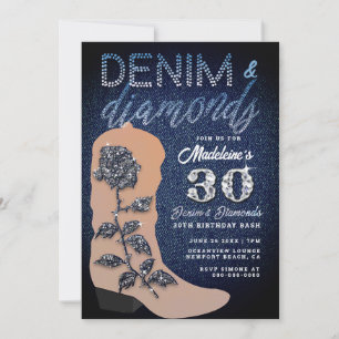 Denim Diamonds Boot Ro Rustic 30 Födelsedagsfester Inbjudningar