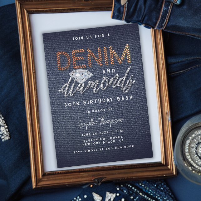 Denim Diamonds Brass Rhinestones Födelsedagsfest Inbjudningar (Elegant Denim and Diamonds 30th Birthday Party Invitation Simple Modern Classy)