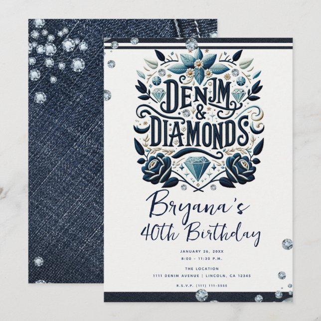 Denim & Diamonds - Broderad blomsterfirande födels Inbjudningar (Fram/baksida)
